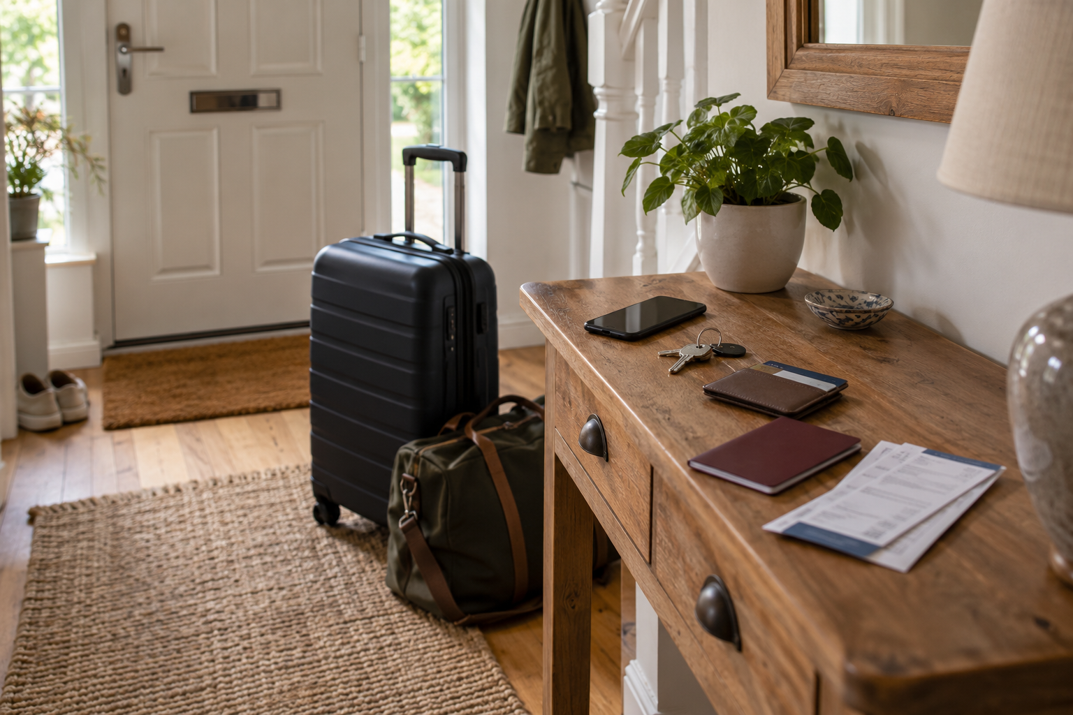 Holiday checklist before leaving home – luggage and essentials Packed suitcase, phone, keys and travel documents ready by the front door before leaving home